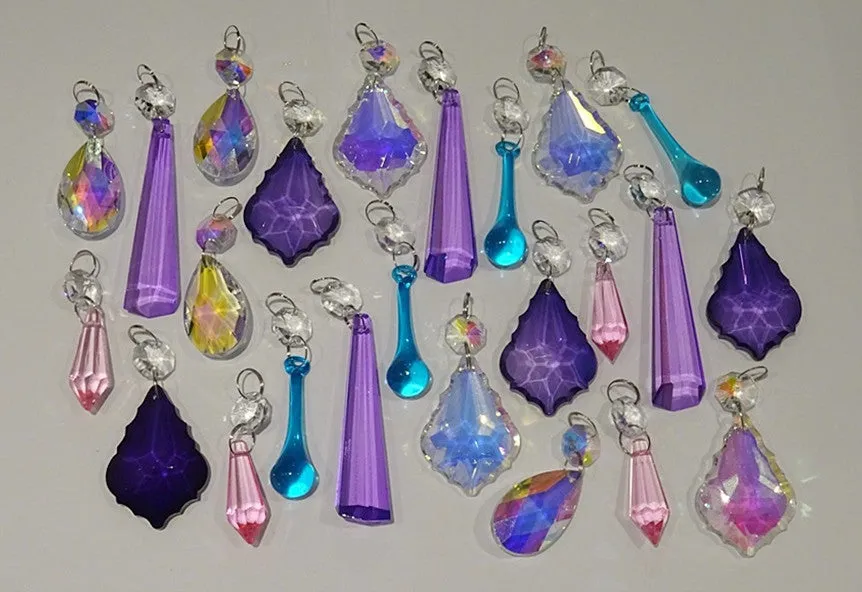 24  Aurora Borealis Deep Pastel AB Chandelier Drops Parts Cut Glass Crystals Beads Droplets