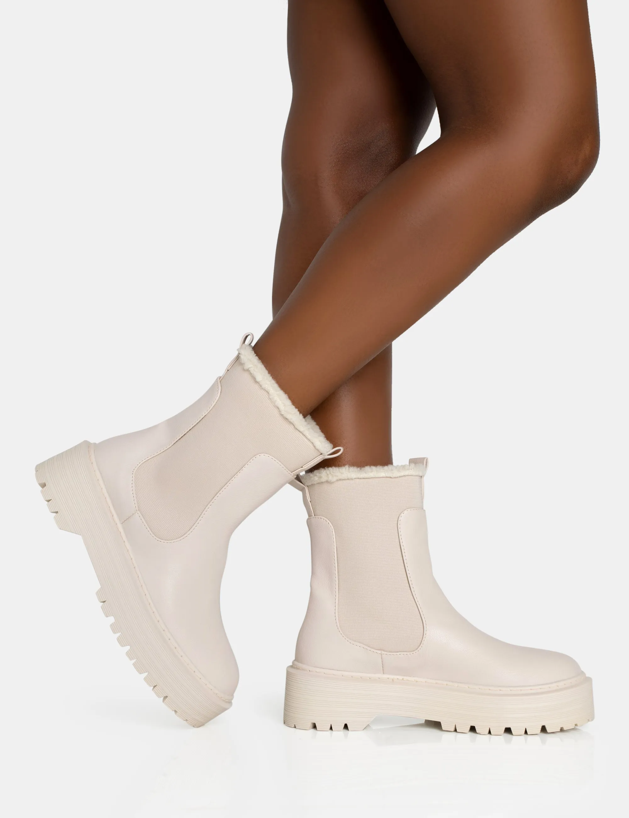 Alpine Cream Pu Faux Fur Trim Elasticated Ankle Chunky Ankle Boots