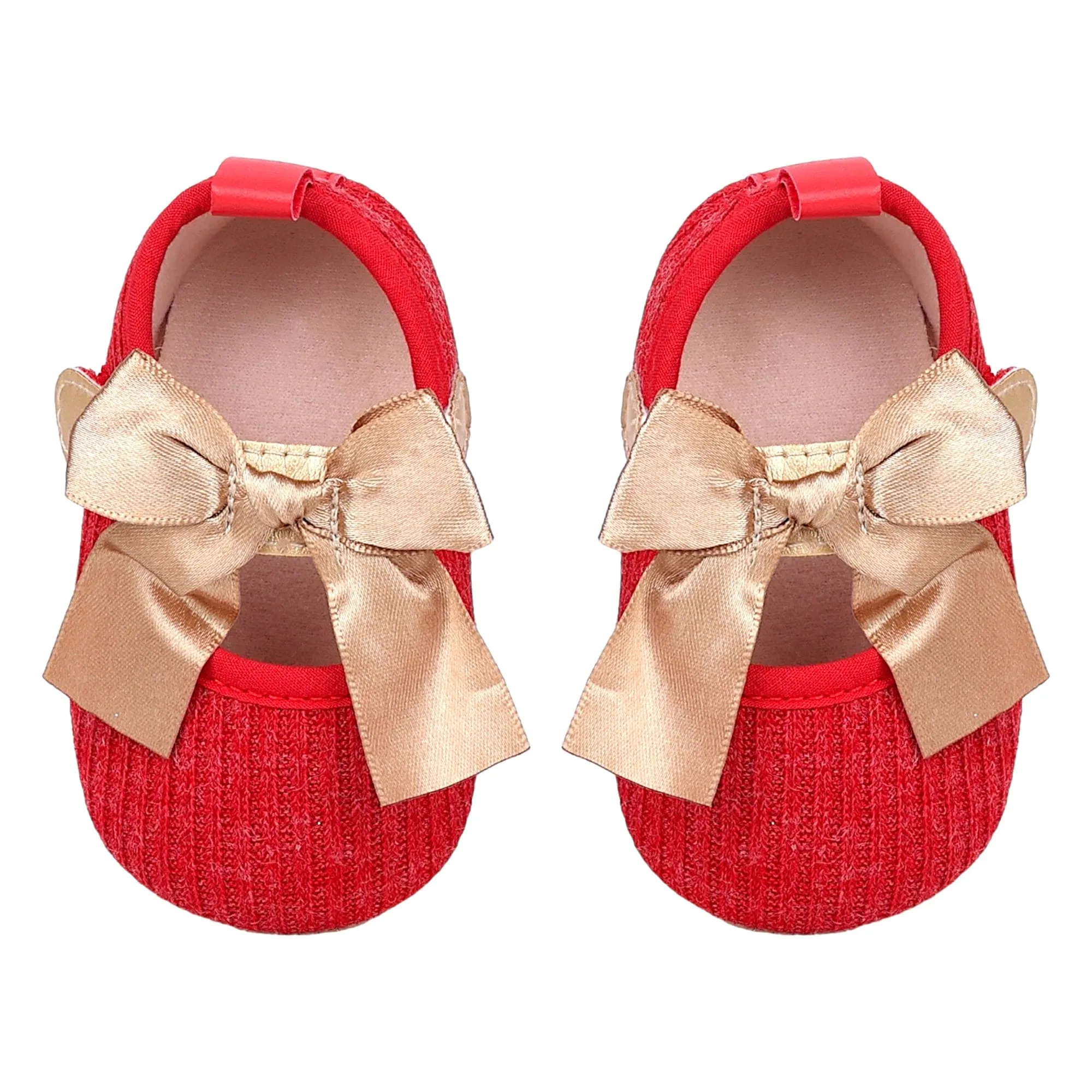 Baby Moo Bow Knot Velcro Strap Ribbed Anti-Skid Ballerina Booties - Red