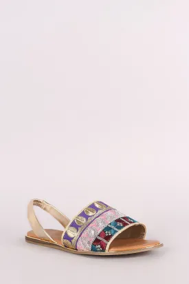 Bamboo Embroidered Sequin Slingback Flat Sandal