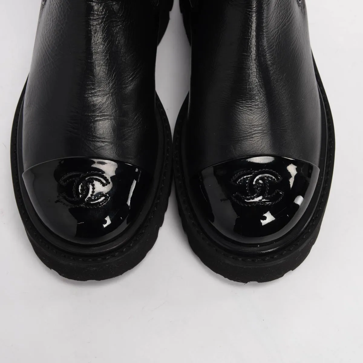 Chanel Black Patent Calfskin Cap Toe CC Ankle Boots 36