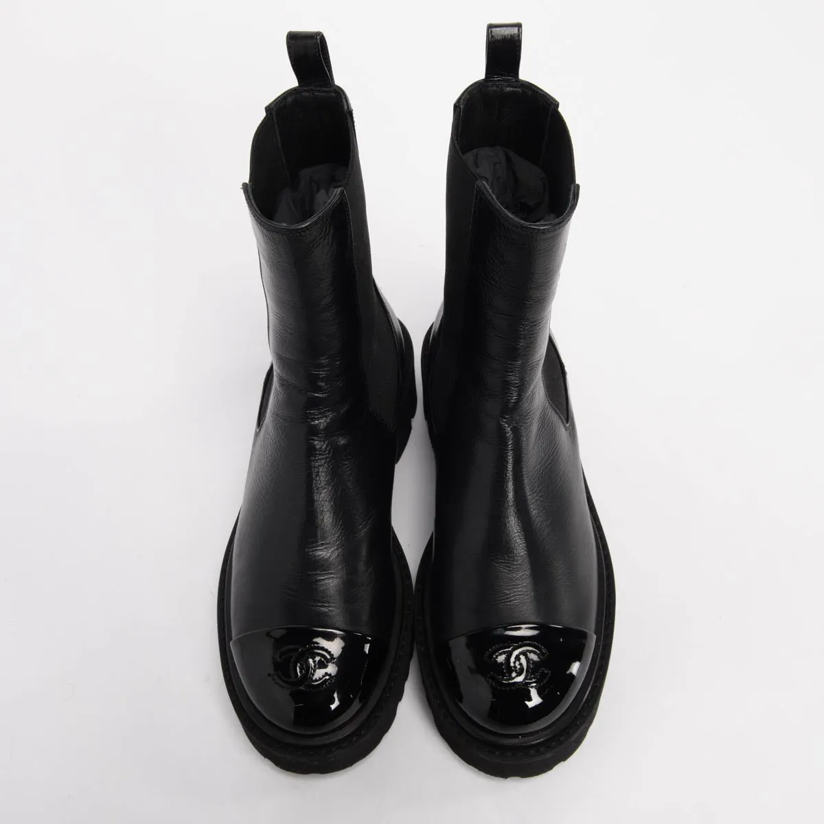 Chanel Black Patent Calfskin Cap Toe CC Ankle Boots 36