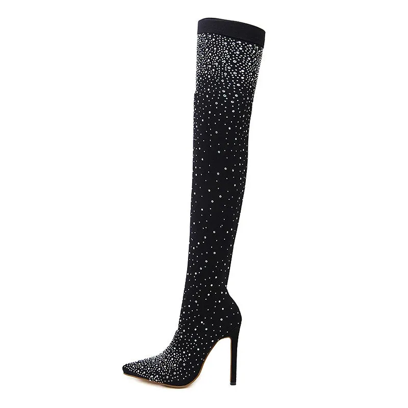 Crystal Stretch Fabric Sock Over-the-Knee Boots