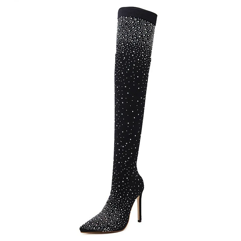 Crystal Stretch Fabric Sock Over-the-Knee Boots