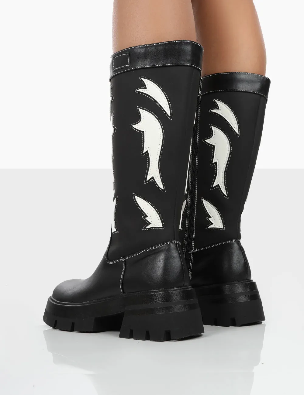 Fly Away Black Pu Western Cowboy Platform Chunky Sole Knee High Boots