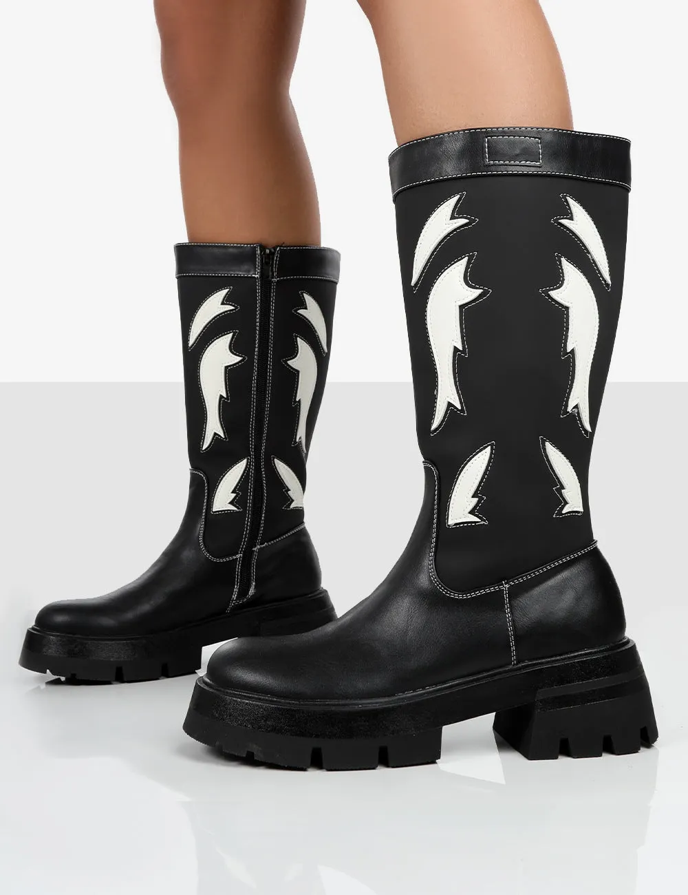 Fly Away Black Pu Western Cowboy Platform Chunky Sole Knee High Boots