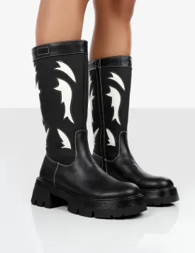 Fly Away Black Pu Western Cowboy Platform Chunky Sole Knee High Boots