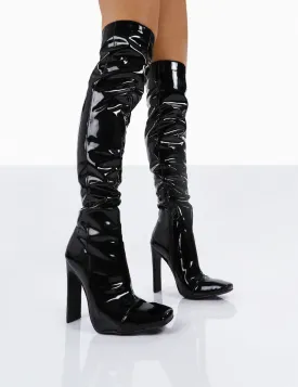 Kenza X Public Desire Pyrite Black Patent over the Knee Heeled Boots