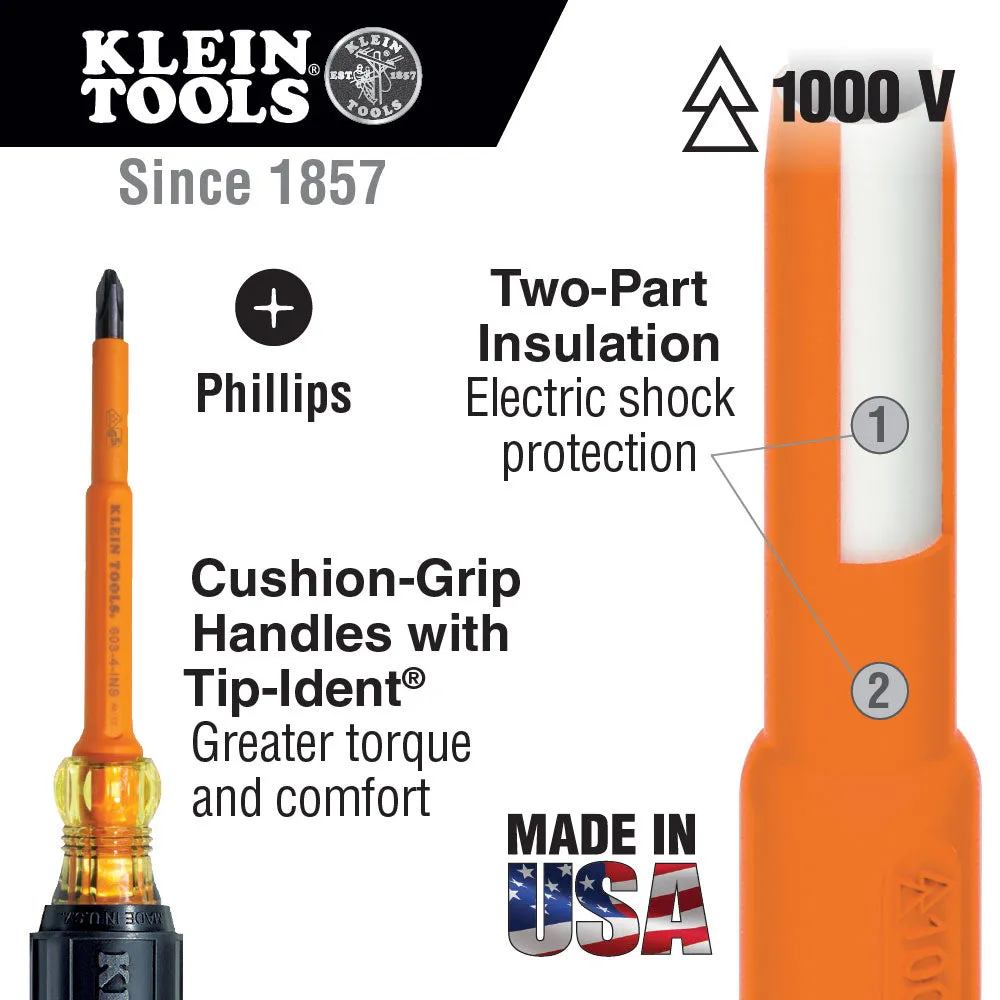 Klein Tools 6334INS Insulated Screwdriver, #1 Phillips Tip, 4"