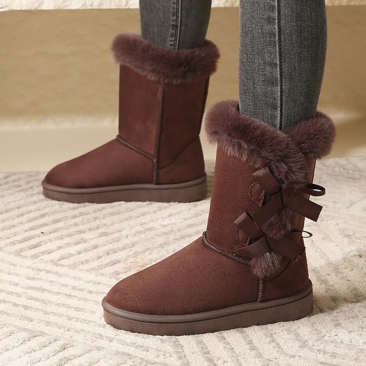 Plus Size Mid-Calf Fashion Bowknot Fleece High Tube Winter Shoes