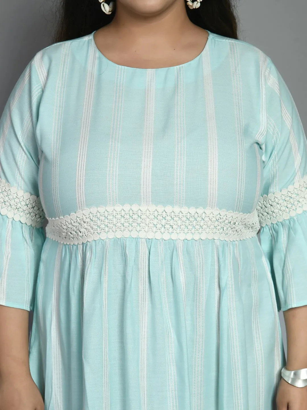 Plus Size Plus Size Sea Green Striped Lace Dress