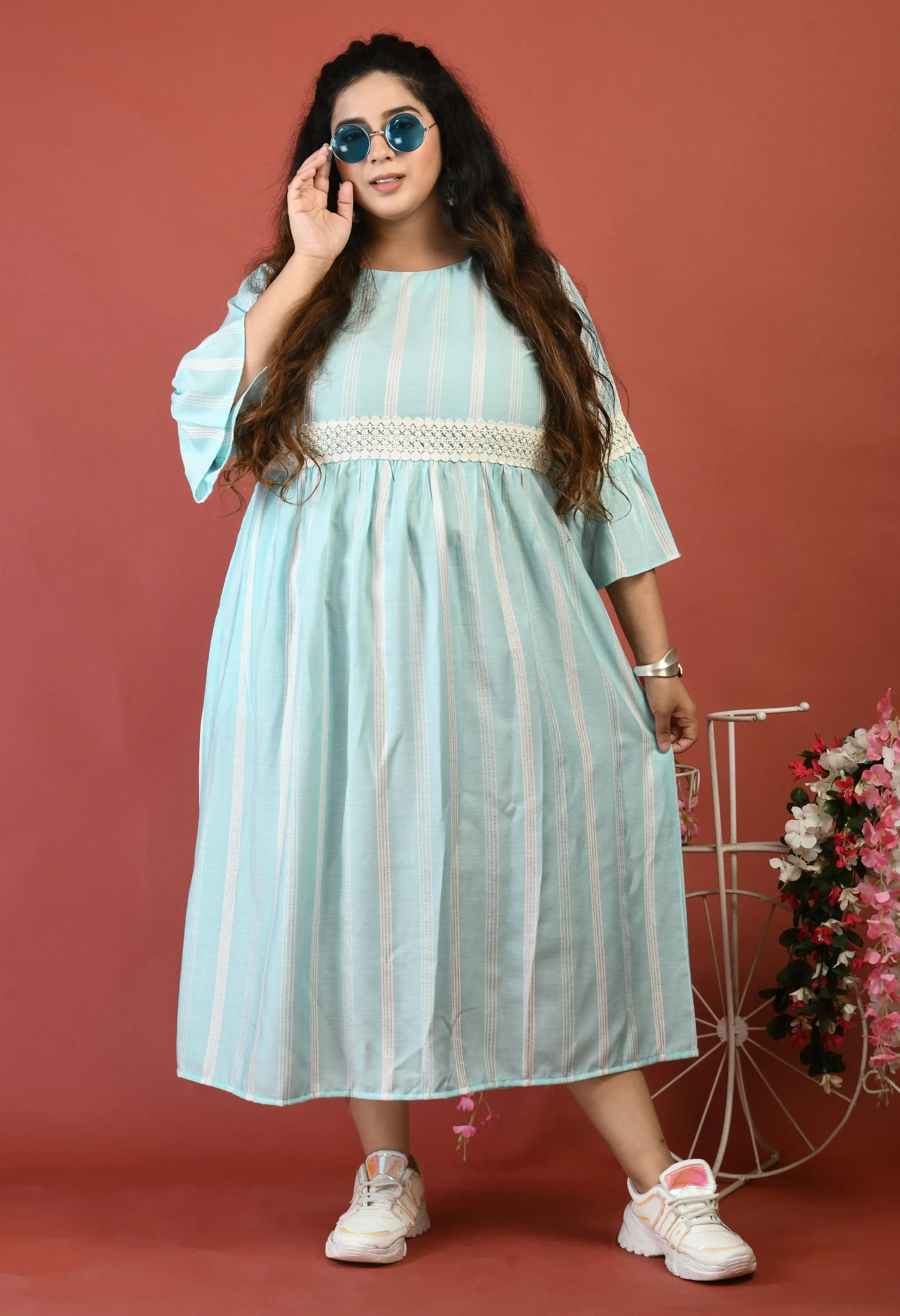 Plus Size Plus Size Sea Green Striped Lace Dress