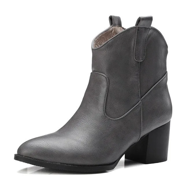 Pointed Toe Ankle Boots High Square Heel