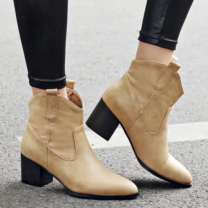 Pointed Toe Ankle Boots High Square Heel