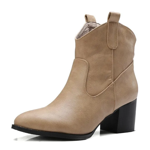 Pointed Toe Ankle Boots High Square Heel