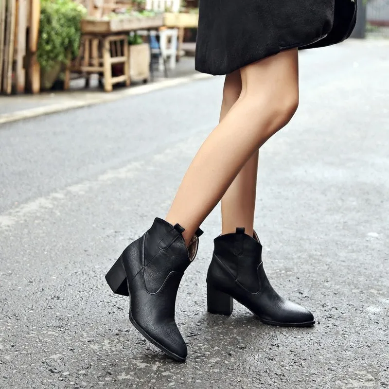 Pointed Toe Ankle Boots High Square Heel