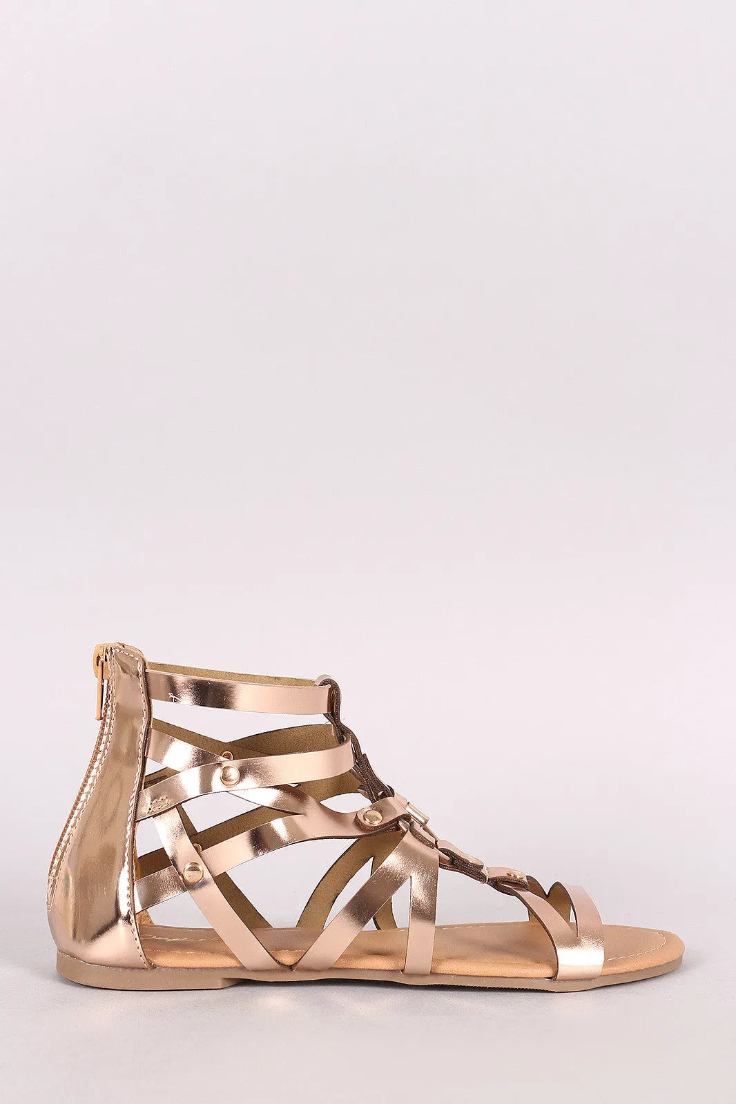 Qupid Metallic O-Ring Strappy Gladiator Flat Sandal