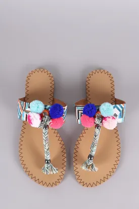 Qupid Pom Pom Kaleidoscope Print T-Strap Flat Sandal