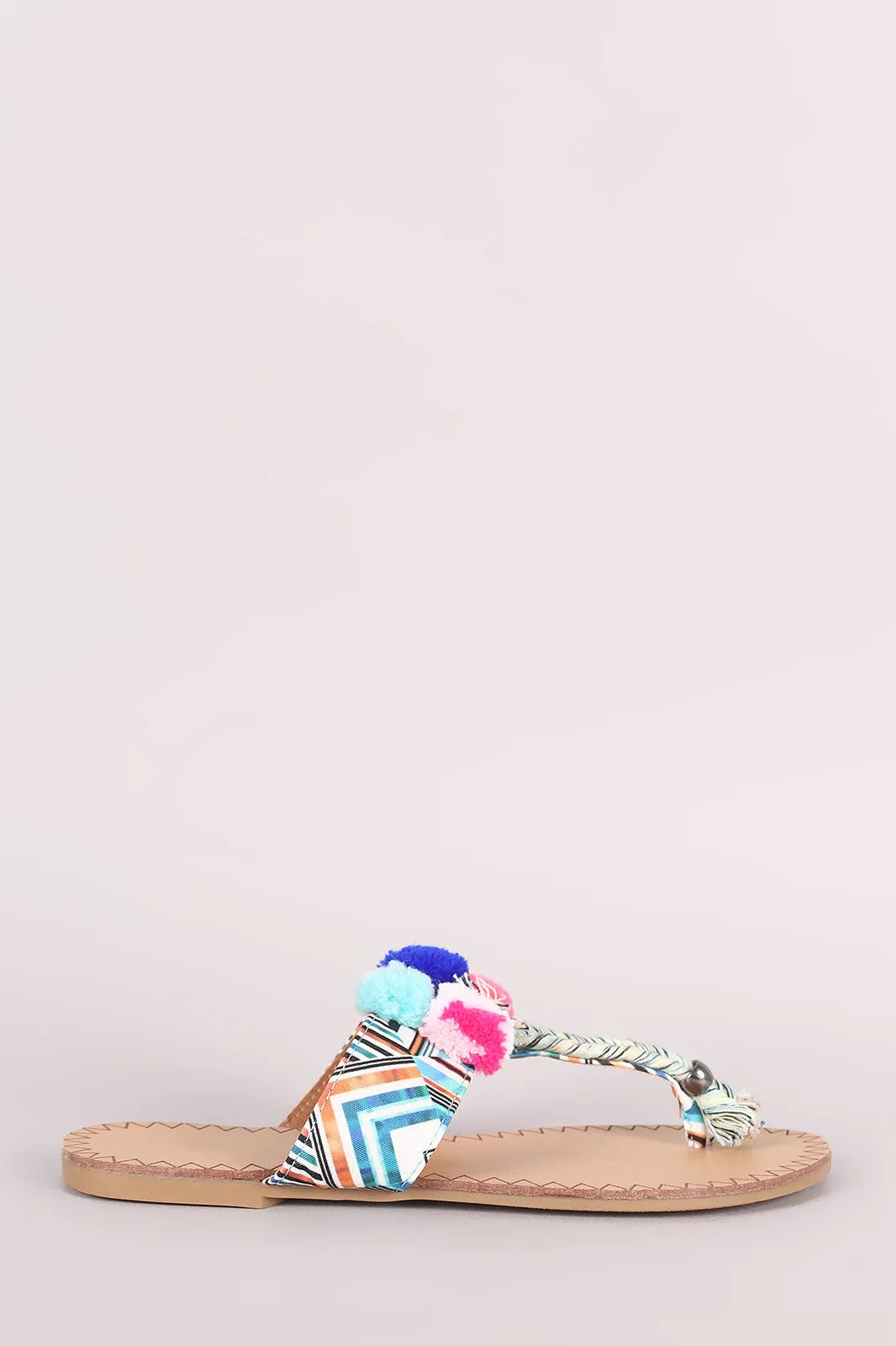 Qupid Pom Pom Kaleidoscope Print T-Strap Flat Sandal