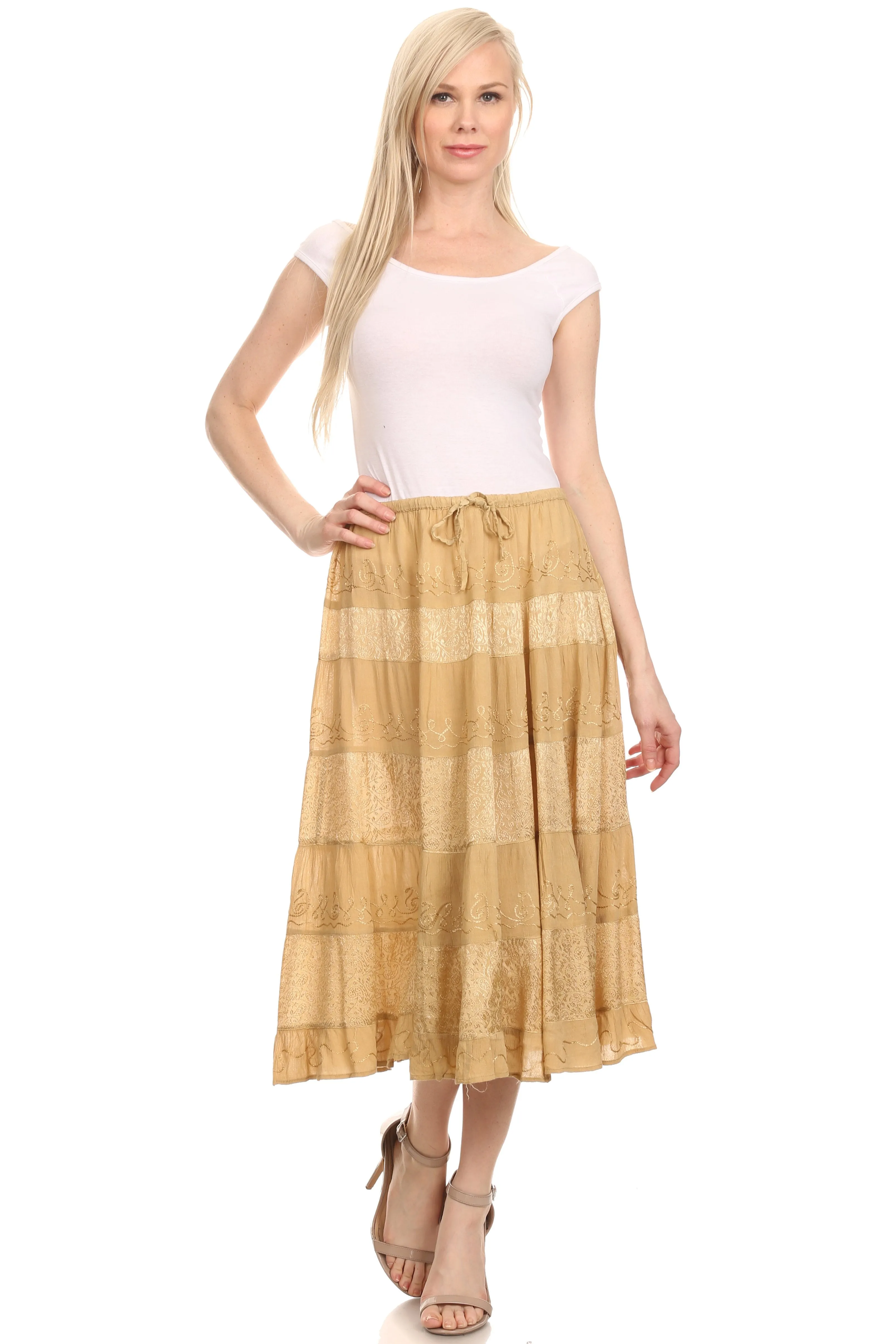 Sakkas S3114 - Rowan Mid Length Bohemian Embroidered Skirt With Adjustable Waist - Beige - OS