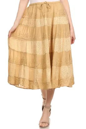 Sakkas S3114 - Rowan Mid Length Bohemian Embroidered Skirt With Adjustable Waist - Beige - OS