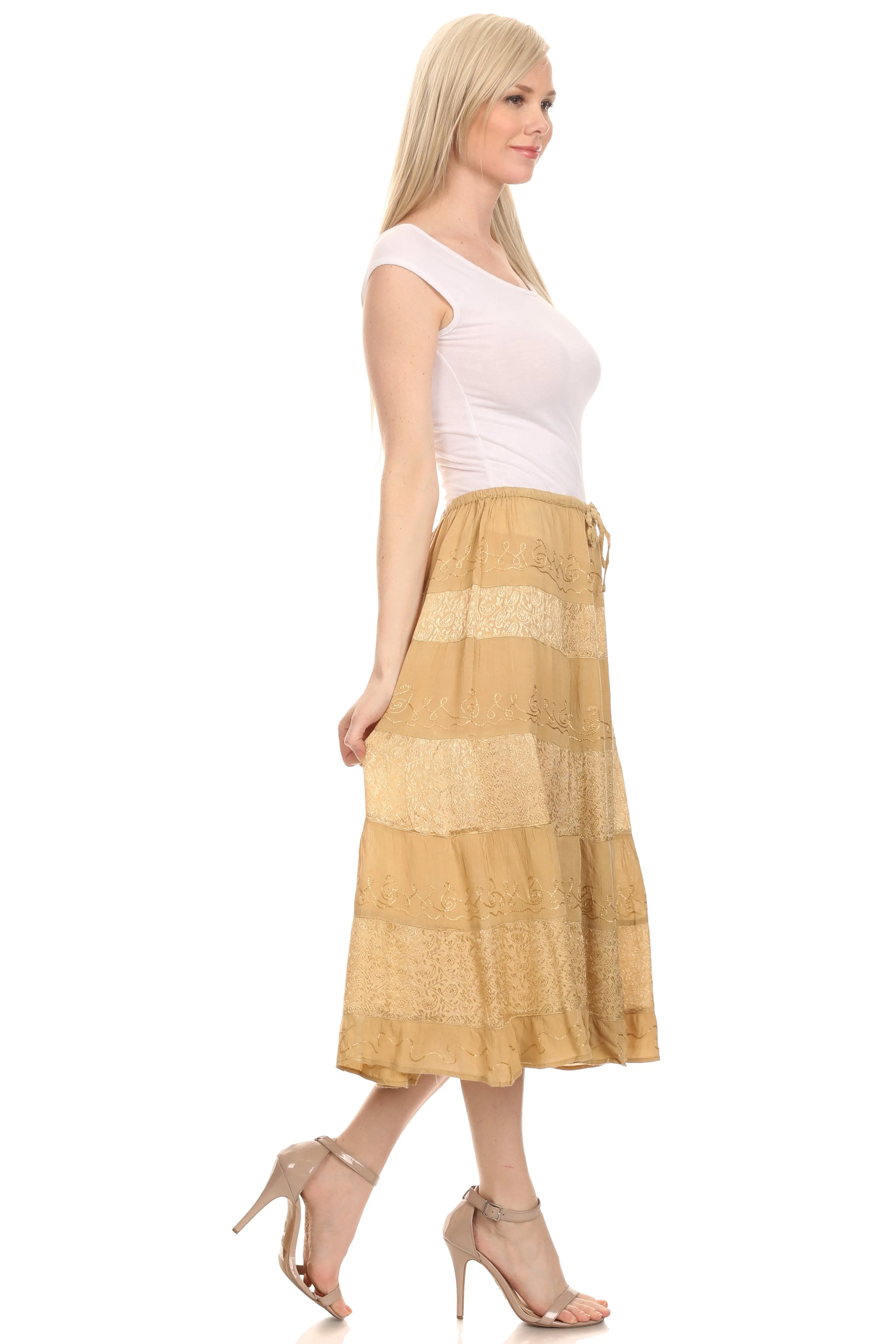 Sakkas S3114 - Rowan Mid Length Bohemian Embroidered Skirt With Adjustable Waist - Beige - OS