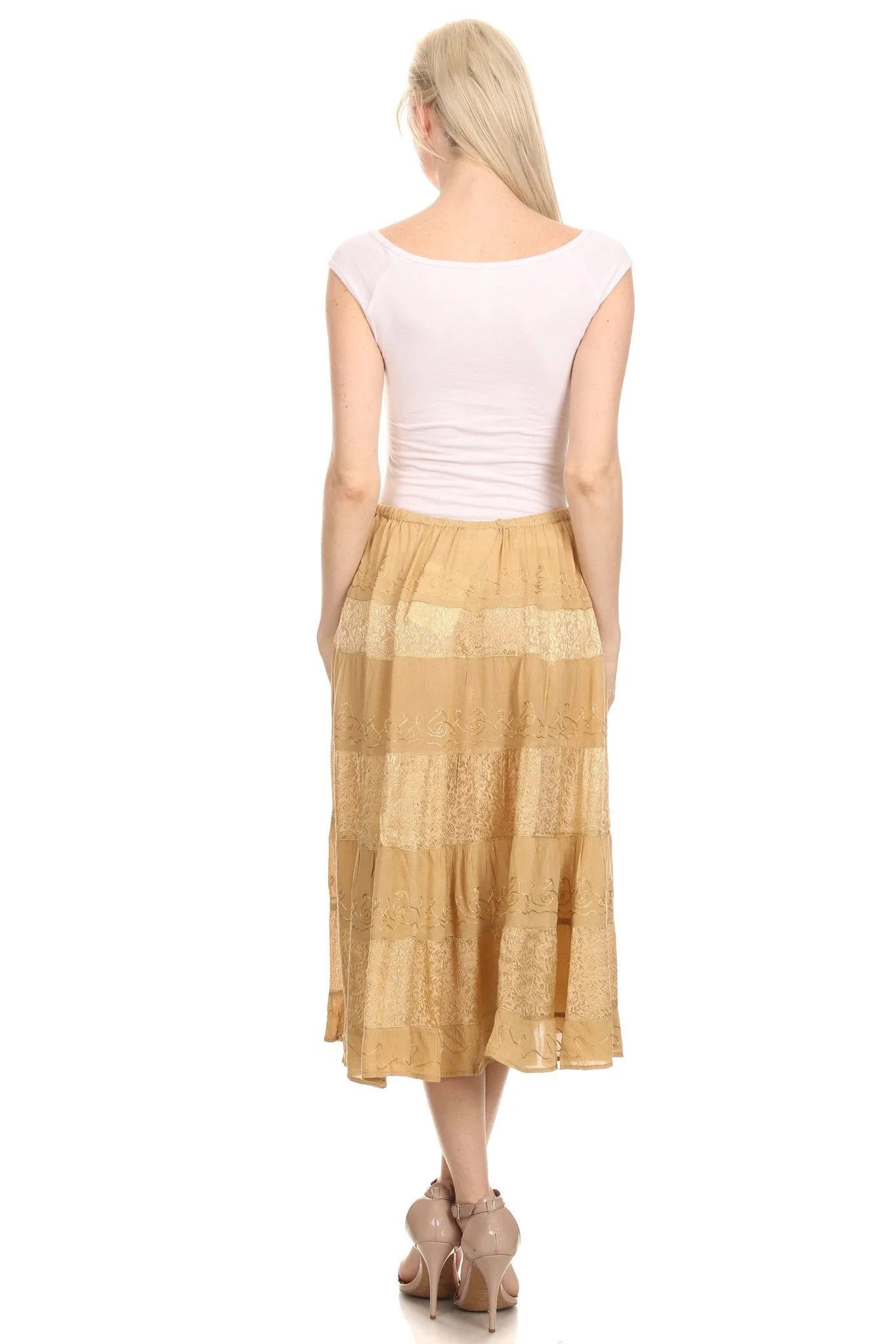 Sakkas S3114 - Rowan Mid Length Bohemian Embroidered Skirt With Adjustable Waist - Beige - OS