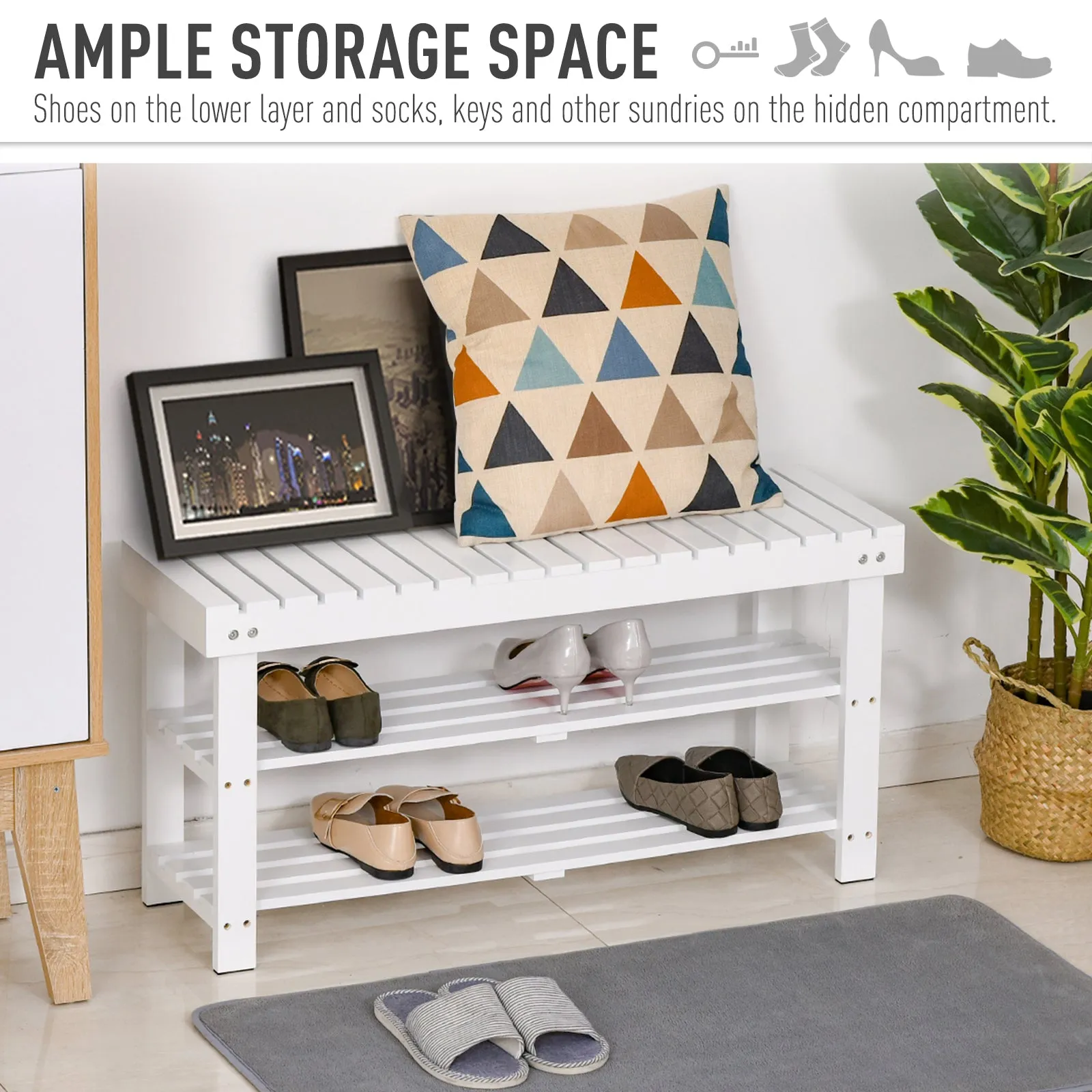 Shoe Bench, 3-Tier Wooden Shoe Rack with Hidden Storage Compartment, Slatted Shelves, Home Storage Unit