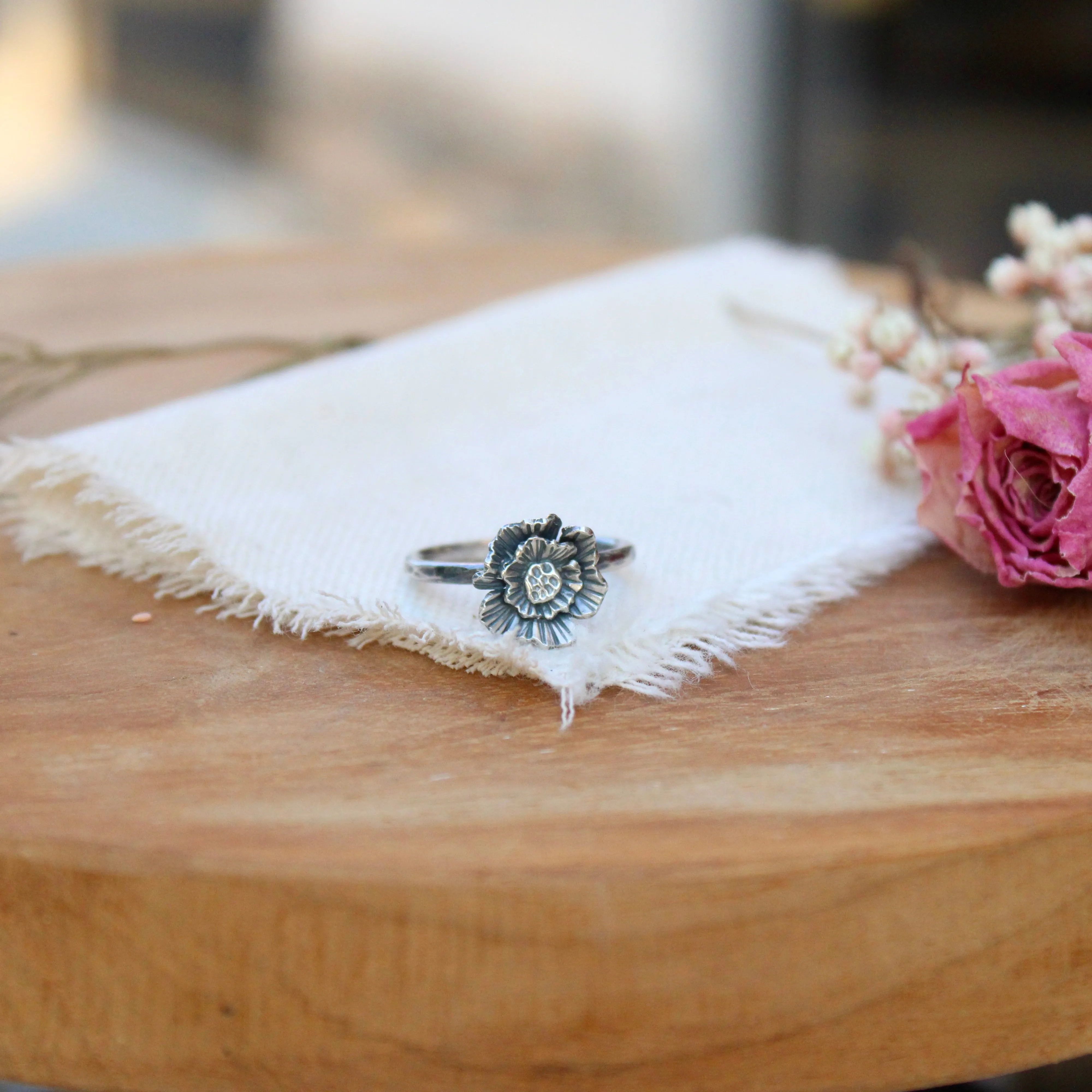 Summer Poppy sterling silver stacking ring