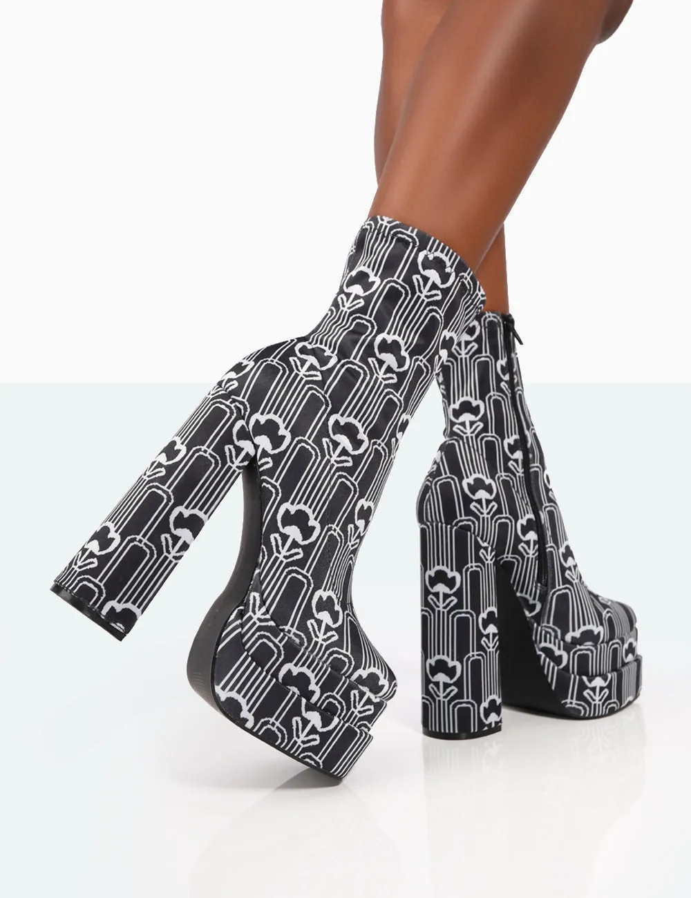 Supreme Black Floral Print Nylon Platform Block Heel Ankle Boots