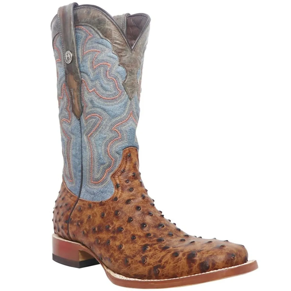 Tanner Mark Men's Van Zandt Print Ostrich Square Toe Boots Cognac TM205524