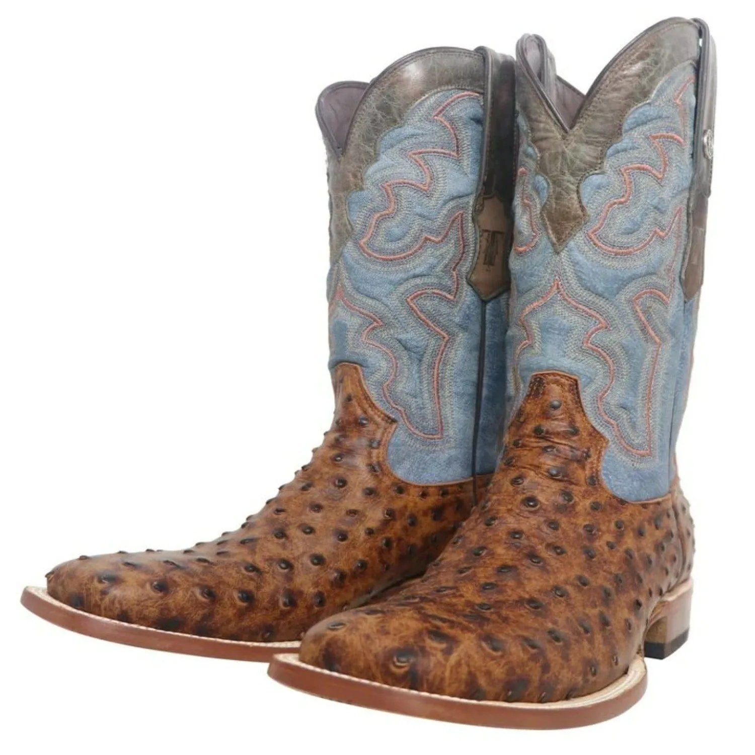 Tanner Mark Men's Van Zandt Print Ostrich Square Toe Boots Cognac TM205524