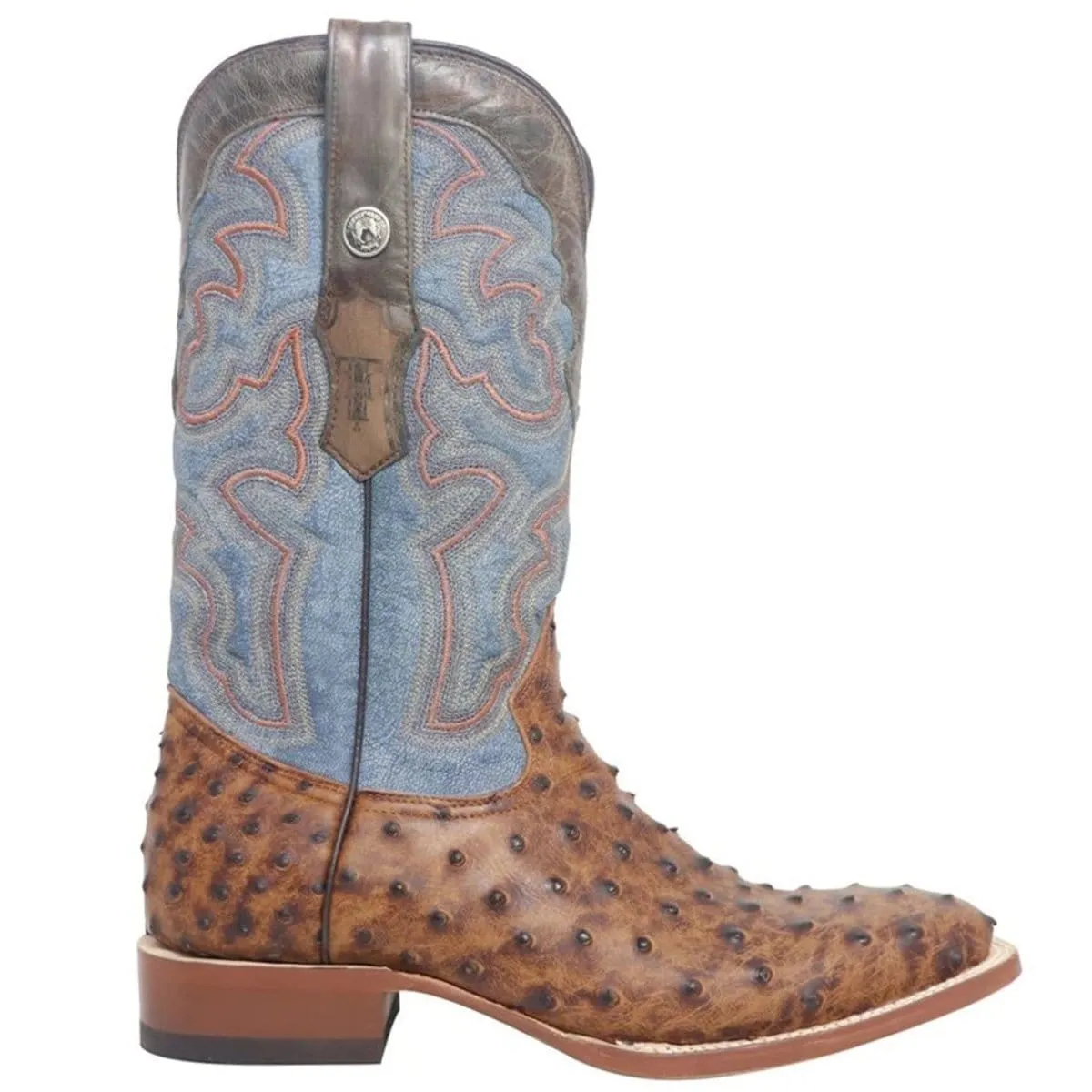 Tanner Mark Men's Van Zandt Print Ostrich Square Toe Boots Cognac TM205524