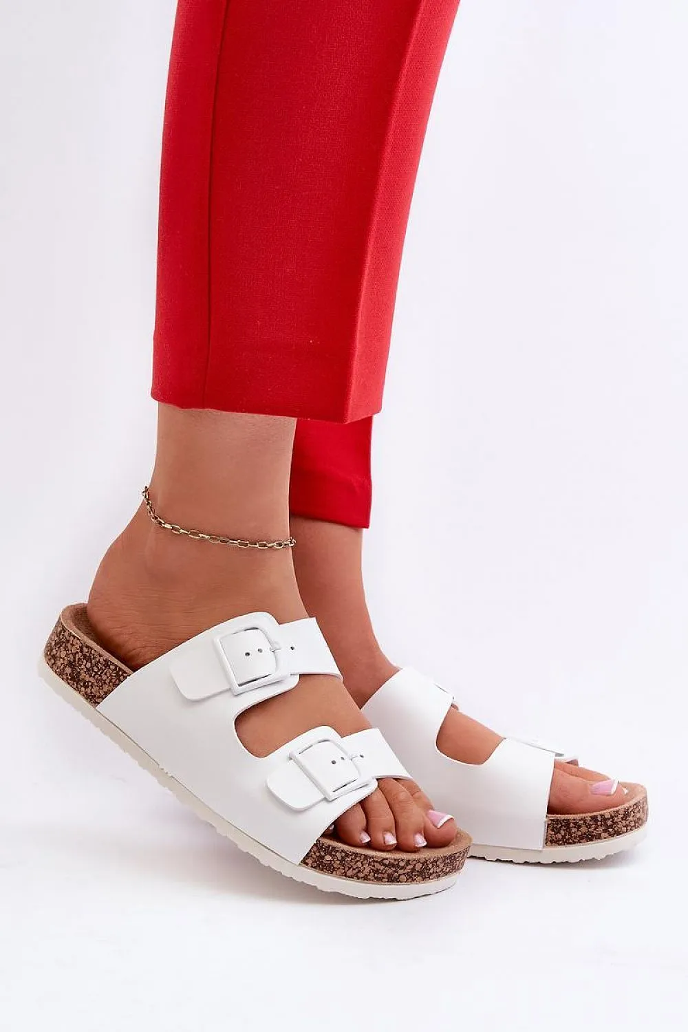 TEEK - White Double Buckle Strap Cork Sole Sandals