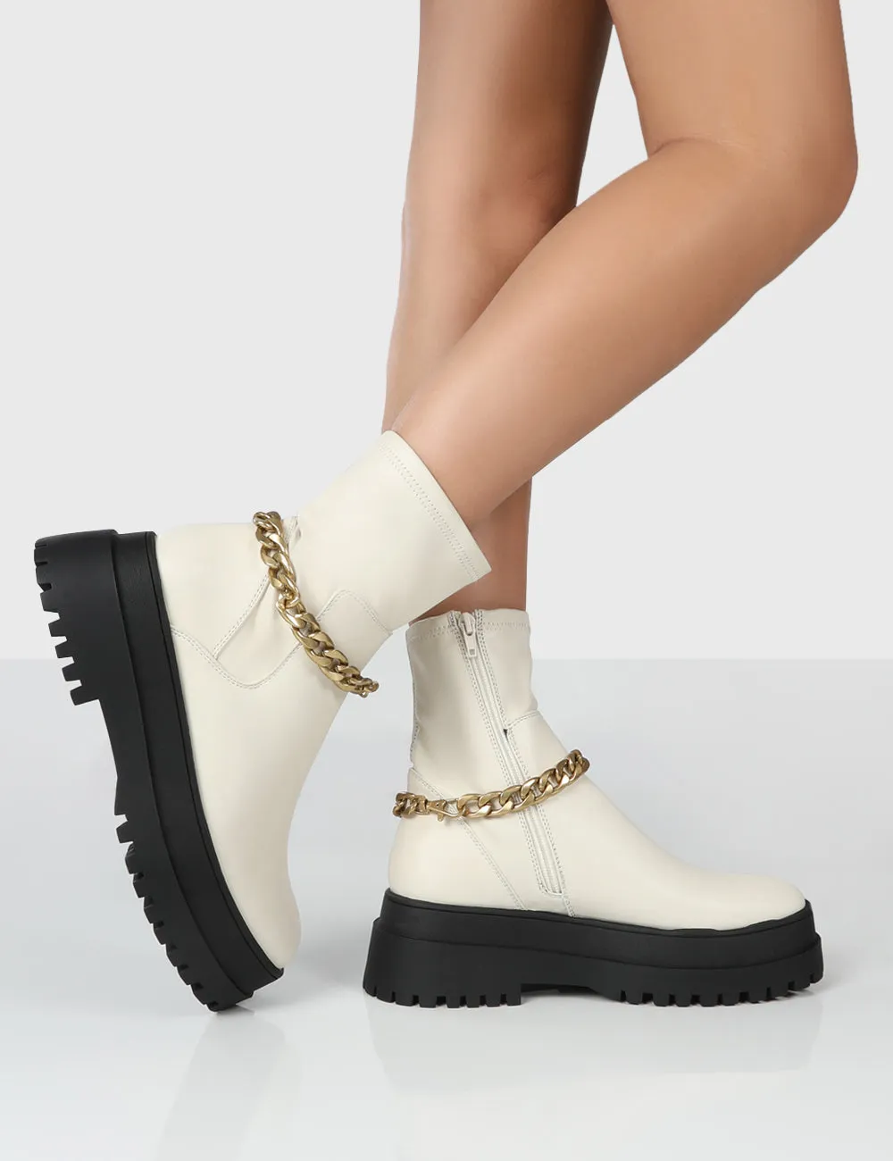 Tessa Cream Platform Chunky Chain Detail Ankle Boots